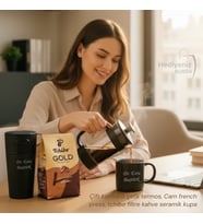 Kişiye Özel Lüks Hediye Seti, Çelik Termos Bardak, Seramik Kupa, Cam French Press, Tchibo Filtre Kahve