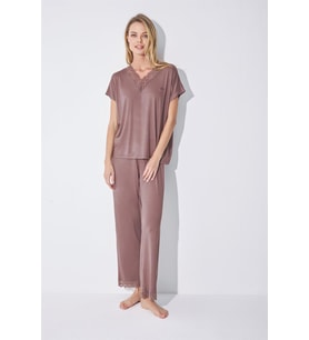 Monamise Kadın Kısa Kollu V Yakalı Dantelli Pijama Takımı 18512 