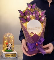 Led Işıklı Aynalı Mor Kelebek Buketi Kişiye Özel Led Işıklı Fanus Hediyeli (Model 5)