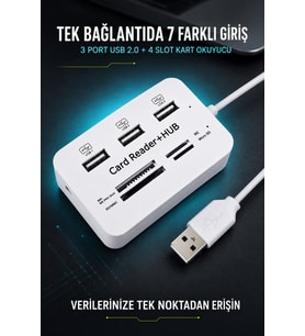 USB 2.0 Çoklayıcı Hub 3 Port 4 Slot Kart Okuyucu SD Micro SD MMC MS 480 Mbps Tak Çalıştır Beyaz ABS