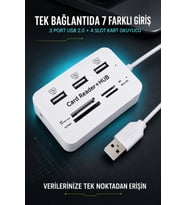 USB 2.0 Çoklayıcı Hub 3 Port 4 Slot Kart Okuyucu SD Micro SD MMC MS 480 Mbps Tak Çalıştır Beyaz ABS
