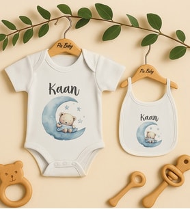 Pia Baby Premium %100 Pamuk İsme Özel Organik Baskılı Çıtçıtlı Bebek Body Ve Önlük 5071-20 (Ekru)