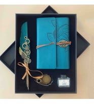 Özel Üretim Osmanlı Nostaljik Divit Hokka Seti ve Deri Kapaklı Vintage Eskitme Sayfa Çizgisiz, Spiralli, Bağcıklı, Yaprak Desenli, Günlük, Anı, Hatıra Defteri Hediyelik Kutulu Set