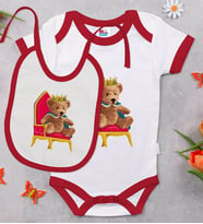 BK Kids Kral Tasarımlı Kırmızı Bebek Body Zıbın ve Mama Önlüğü Hediye Seti-1