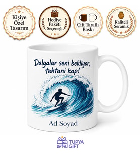 Dalga Temalı Sörfçü Kupası Özel Baskılı Hediye Bardak Sörf Severler İçin