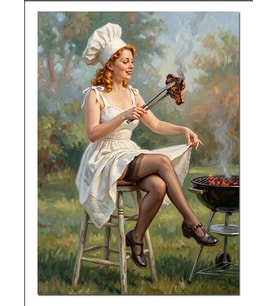 Mangal Yapan Sarışın Pin Up Barbekü Dekoratif Kanvas - Mdf Ahşap Tablo