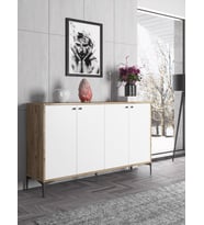 Wood'n Love Hestia 4 Kapaklı Metal Ayaklı 160 Cm Çok Amaçlı Dolap Konsol - Atlantik Çam - Beyaz / Siyah