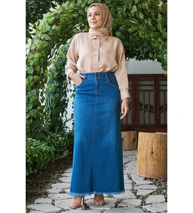 2252-Denim Püsküllü  Etek Koyu Mavi