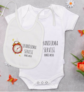 BK Kids Kişiye Özel Uyandırma Servisi Tasarımlı Bebek Body Zıbın ve Mama Önlüğü Hediye Seti - Model 1