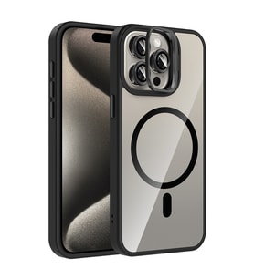 Apple iPhone 15 Pro Uyumlu Kılıf Standlı ve Kamera Lens Hediyeli M-Safe Şarj Özellikli Zore Etro Kapak (Siyah)