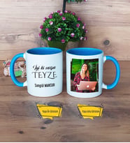 Teyzeye Doğum Günü Hediyesi Kupa Bardak Mavi Fotoğraflı