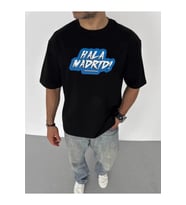 Unisex Bisiklet Yaka Baskılı Oversize T-Shirt - Siyah