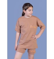 Toontoy Kız Çocuk Baskılı Taş İşlemeli Şortlu Takım (Kahverengi)