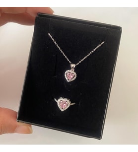 Pembe Taşlı Gümüş Kalp Kolye ve Yüzük