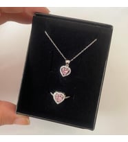 Pembe Taşlı Gümüş Kalp Kolye ve Yüzük