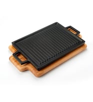 Lava Döküm Dikdörtgen Çift Yön Izgara Hot Plate Döküm Demir Yekpare Çift Kulplu Kayın Servis Ahşabı Ölçü 22x30cm. (Siyah)