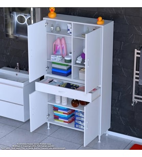 Modilayn YENİ AFRA 90 x 173 x 32,5 cm 1 Çekmece 4 Kapak 5 Raf 8 Bölme Çok Amaçlı Banyo & Mutfak Dolabı  (B.Beyaz)