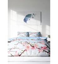 Çift Kişilik ( Lastikli Çarşaflı ) %100 Pamuk Saten Nevresim Takımı Blue Cherry Blosom