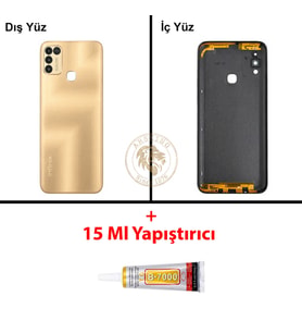 Infinix Hot 11 Play Gold Uyumlu Lensli Arka Kapak + B7000 Yapıştırıcı Arka Cam Batarya Pil Kapağı