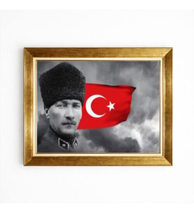 Tablore Kalpaklı Mustafa Kemal Atatürk Ve Türk Bayrağı Detaylı Çerçeveli Kanvas Tablo Ofis Makam