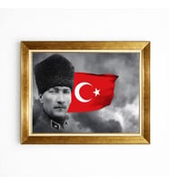 Tablore Kalpaklı Mustafa Kemal Atatürk Ve Türk Bayrağı Detaylı Çerçeveli Kanvas Tablo Ofis Makam