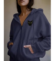 Kadın Siyah Kedi Baskılı Tam Boy Fermuarlı Oversize Hoodie (Lacivert)