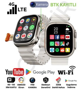 Watch Ultra 4G Sim Kartlı Kameralı Android Akıllı Saat GPS WİFİ Youtube Çocuk iPhone Huawei Uyumlu 8