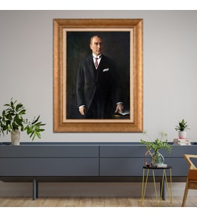 Altın Varaklı Çerçeveli Paspartulu Atatürk Tablo TR1354 (Gold)