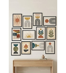 12 Parça Retro Geometrik Boho 2 Renk Seçenekli Çerçeve Görünümlü Tablo Seti
