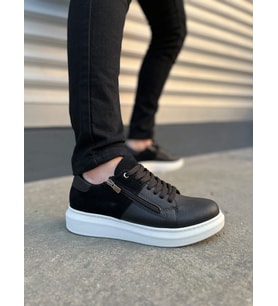 Warrior Bağcıklı ve Fermuarlı Cilt Süet Erkek Günlük Sneaker Ayakkabı CSBT - Siyah (Siyah - Beyaz)