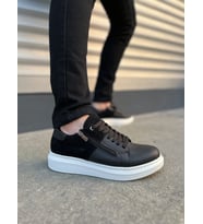 Warrior Bağcıklı ve Fermuarlı Cilt Süet Erkek Günlük Sneaker Ayakkabı CSBT - Siyah (Siyah - Beyaz)