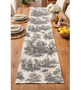 Toile de Jouy  %100 Pamuk Dekoratif Masa Runner 40x110 cm (Siyah)