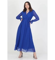 Neşeli Butik Kadın Yeni Sezon Astarlı Kruvaze Yaka Uzun Şifon Elbise NB003 (Saks)
