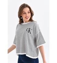 Kadın Bisiklet Yaka Çizgili Oversize Triko Kazak 10160 (Kemik)