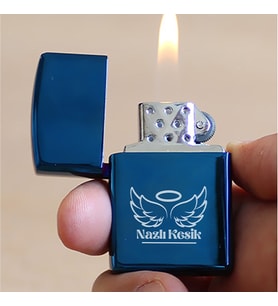 Kişiye Özel İsimli Benzinli Zippo Mavi Çakmak Melek Kanat Temalı