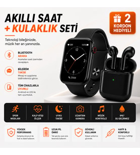 Akıllı Saat ve Bluetooth Kulaklık Seti 2 Kordon Hediyeli Arama Bildirim Spor ve Uyku Takipli