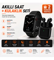 Akıllı Saat ve Bluetooth Kulaklık Seti 2 Kordon Hediyeli Arama Bildirim Spor ve Uyku Takipli