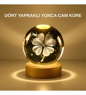 Dekoratif Yonca Görünümlü Işıklı Kristal Cam Küre Usb Masa Gece Lambası
