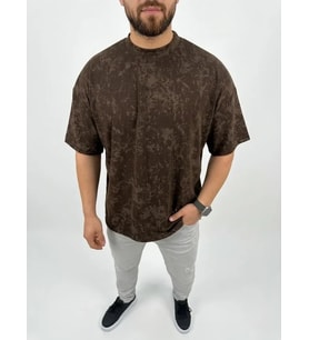 Erkek Premium Tişört OSY Yumuşak Dokulu Yıkamalı Oversize T-Shirt - Kahverengi
