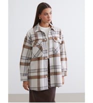 LCW Modest Kahverengi Ekose Oversize Kadın Kaşe Gömlek Ceket