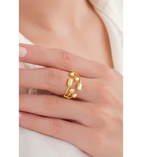 GÜMÜŞ ALTIN GOLD KAPLAMA TOPLU VE DİKDÖRTGEN ÇUBUKLU MODERN AYARLANABİLİR YÜZÜK