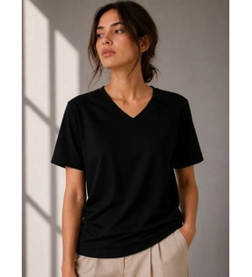 V Yaka Basic Tişört Kısa Kol Yazlık Regular Fit T-Shirt - Siyah