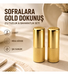2’li Gold Tuzluk ve Baharatlık Seti, Şık Çizgili Mika Gövde, Masa ve Mutfak Kullanımına Uygun Dekoratif Tuz Biber Kabı