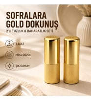 2’li Gold Tuzluk ve Baharatlık Seti, Şık Çizgili Mika Gövde, Masa ve Mutfak Kullanımına Uygun Dekoratif Tuz Biber Kabı