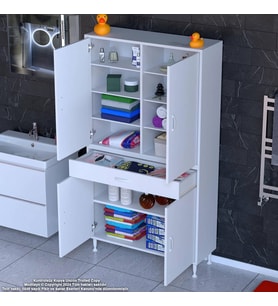 Modilayn YENİ AFRA 100 x 173 x 32,5 cm 1 Çekmece 4 Kapak 7 Raf 10 Bölme Çok Amaçlı Banyo & Mutfak Dolabı (Beyaz)