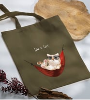 BK Gift Kedi Tasarımlı Haki Kumaş Bez Çanta, Baskılı Omuz Çantası, Alışveriş Çantası, Arkadaşa Hediye-2