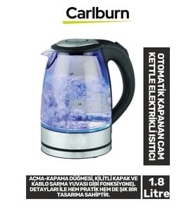 Premium 1500W Şeffaf Görüntü Su Seviye Takip Led Aydınlatma 1.8 Litre Cam Kettle Elektrikli Isıtıcı