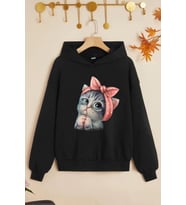 Çocuk Sevimli Kedi Baskılı Sweatshirt (Siyah)