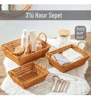 Porsima 301-D Dikdörtgen 3'lü Hasır Sepet Dekoratif Ev Düzenleyici Kendinden Kulplu Hasır Sepet Seti Banyo Düzenleyici Sepet