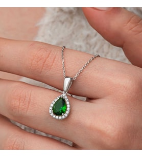 Gümüş Damla Zümrüt Taşlı Kadın Kolye SL12652